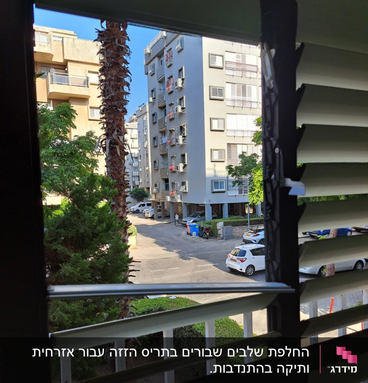 תריסים פתוחים חלקית עם נוף חיצוני